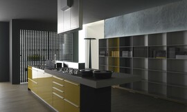 Design eilandkeuken met verlengd aanrechtblad als bar. Open kast en design afzuigkap. Fronten grijsbeige met brede horizontale grepen. Met design afzuigkap en open kastenwand. Zuordnung: Stil Luxe keukens, Planungsart L-vormige keuken